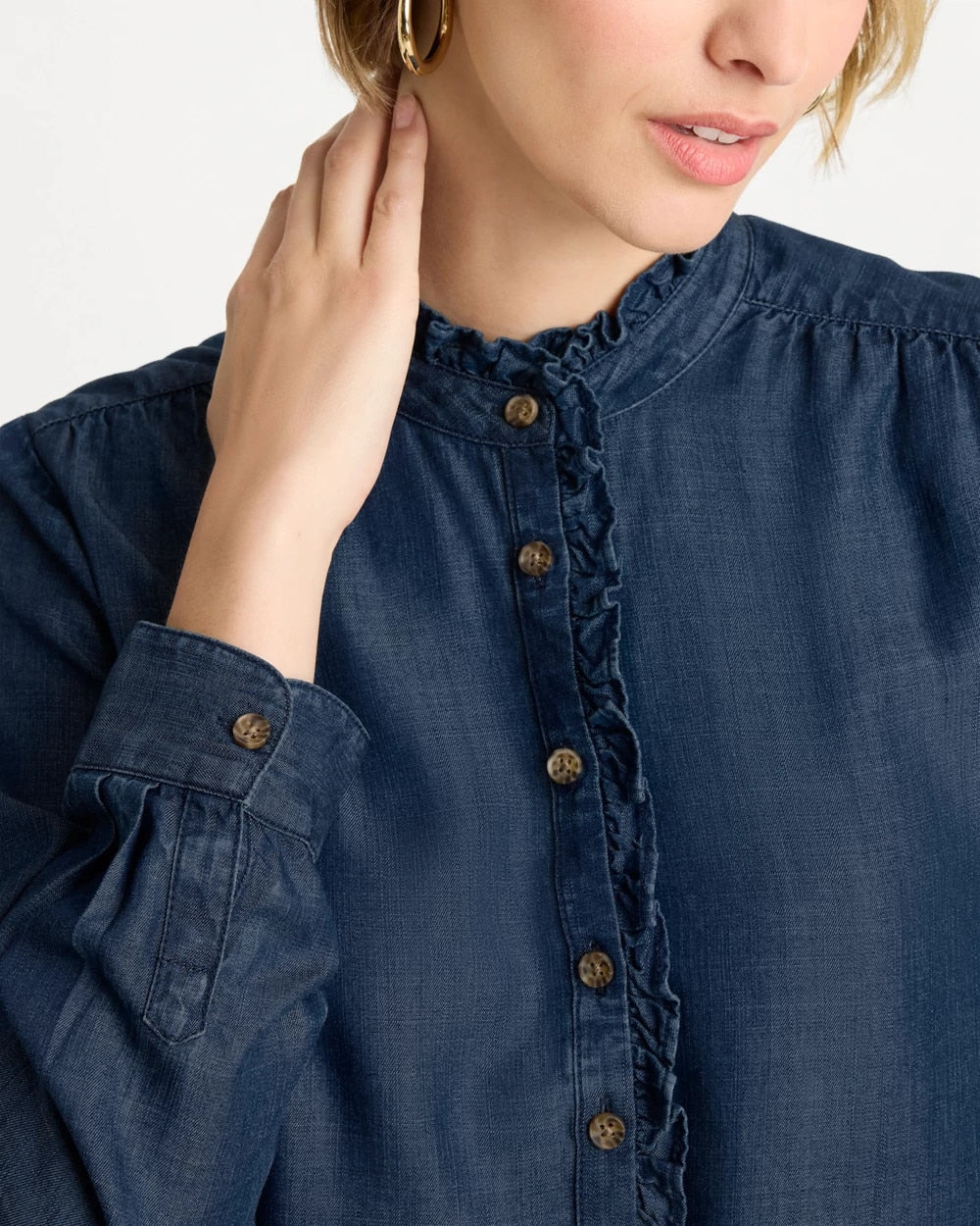 Chico's Discount | Tencel Denim Ruffled Popover Shirt
