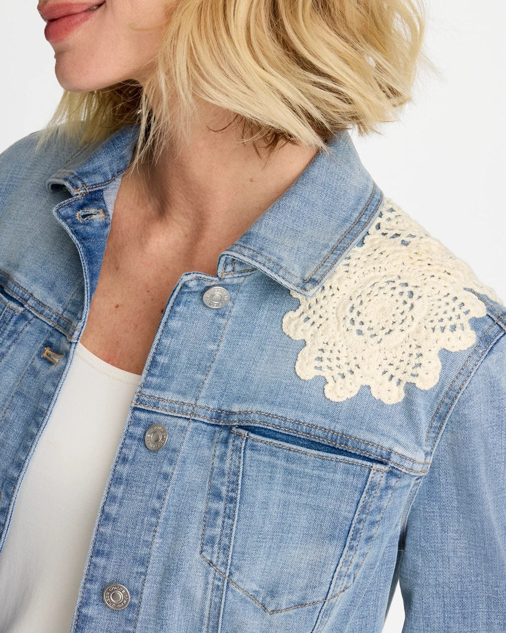 Chico's Trusted | Embroidered Frayed Denim Trucker Jacket
