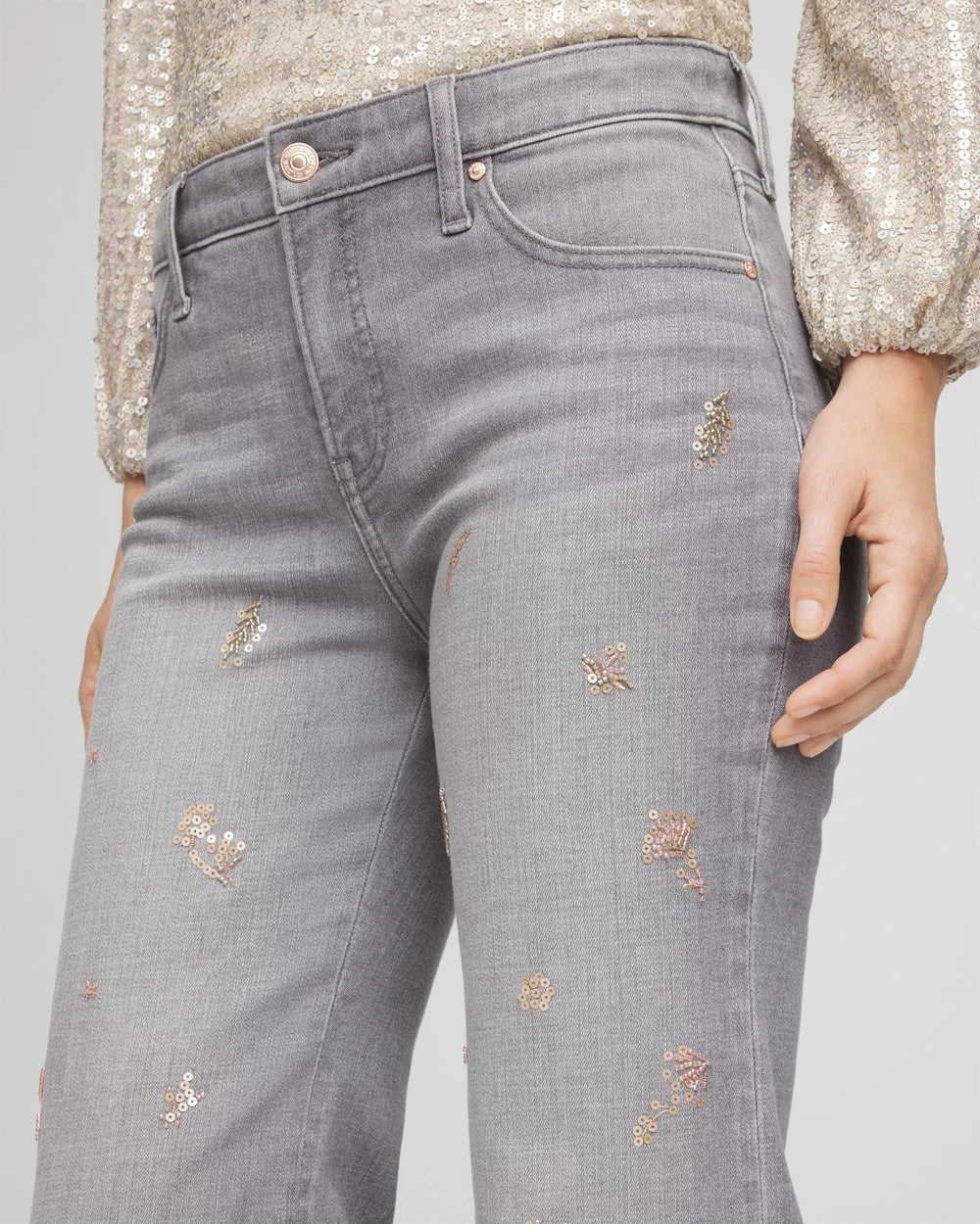 Chico's Signature | Rose Gold Embellished Girlfriend Flared Jeans