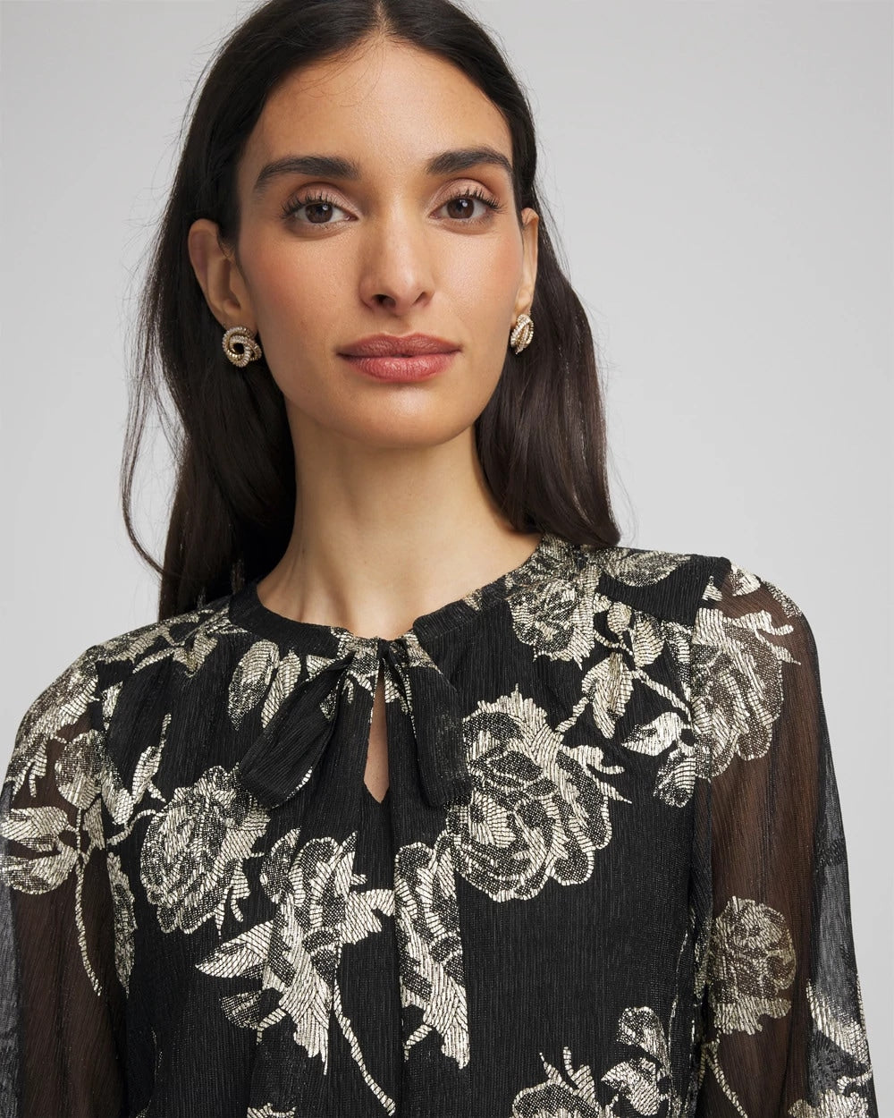 Chico's Hot Sale | Floral Metallic Bodre Top