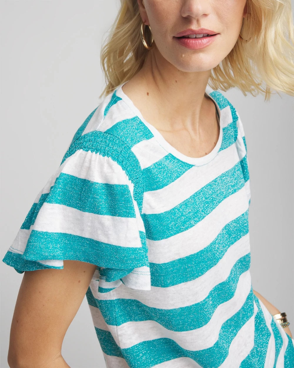Chico's Trending | Linen Metallic Striped Flutter-Sleeve Tee