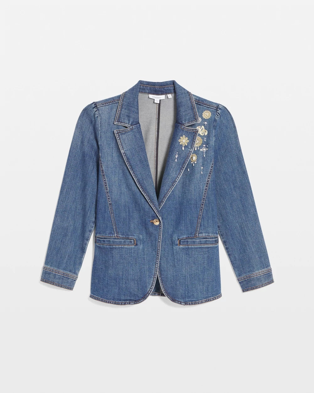 Chico's Great Value | Pearl Brooch Denim Blazer