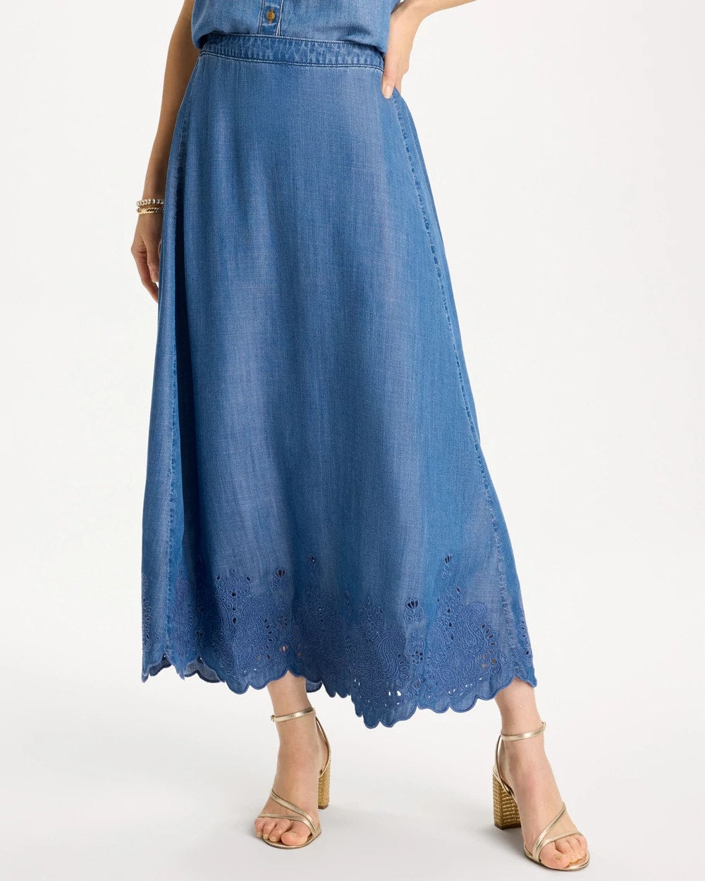 Chico's Great Value | Indigo Twill Embroidered Hem Skirt