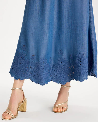 Chico's Great Value | Indigo Twill Embroidered Hem Skirt