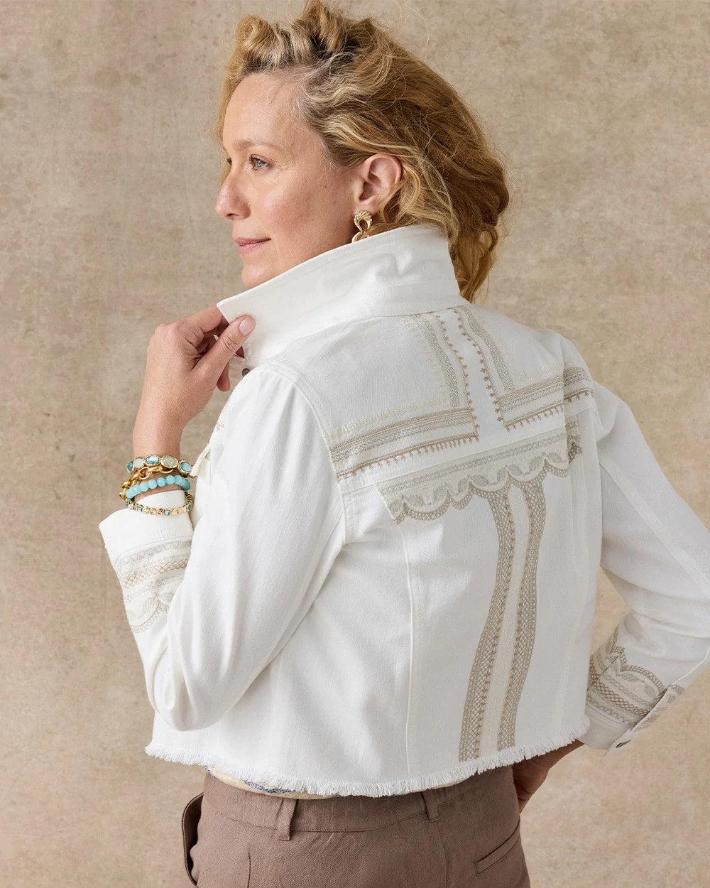 Chico's Deals | Embroidered Cropped Denim Trucker Jacket