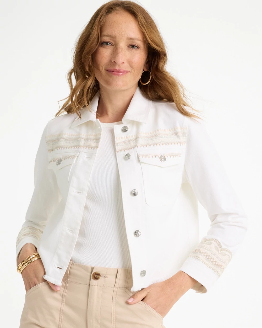 Chico's Deals | Embroidered Cropped Denim Trucker Jacket