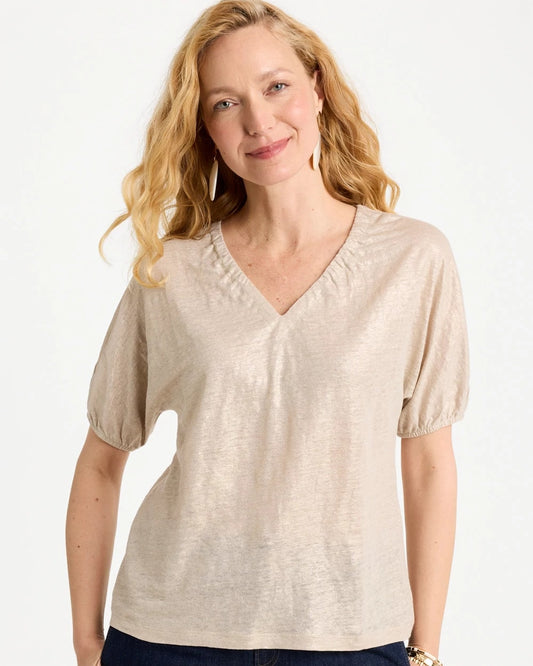 Chico's Hot Sale | Fog Foiled Linen Ruched V-Neck Tee