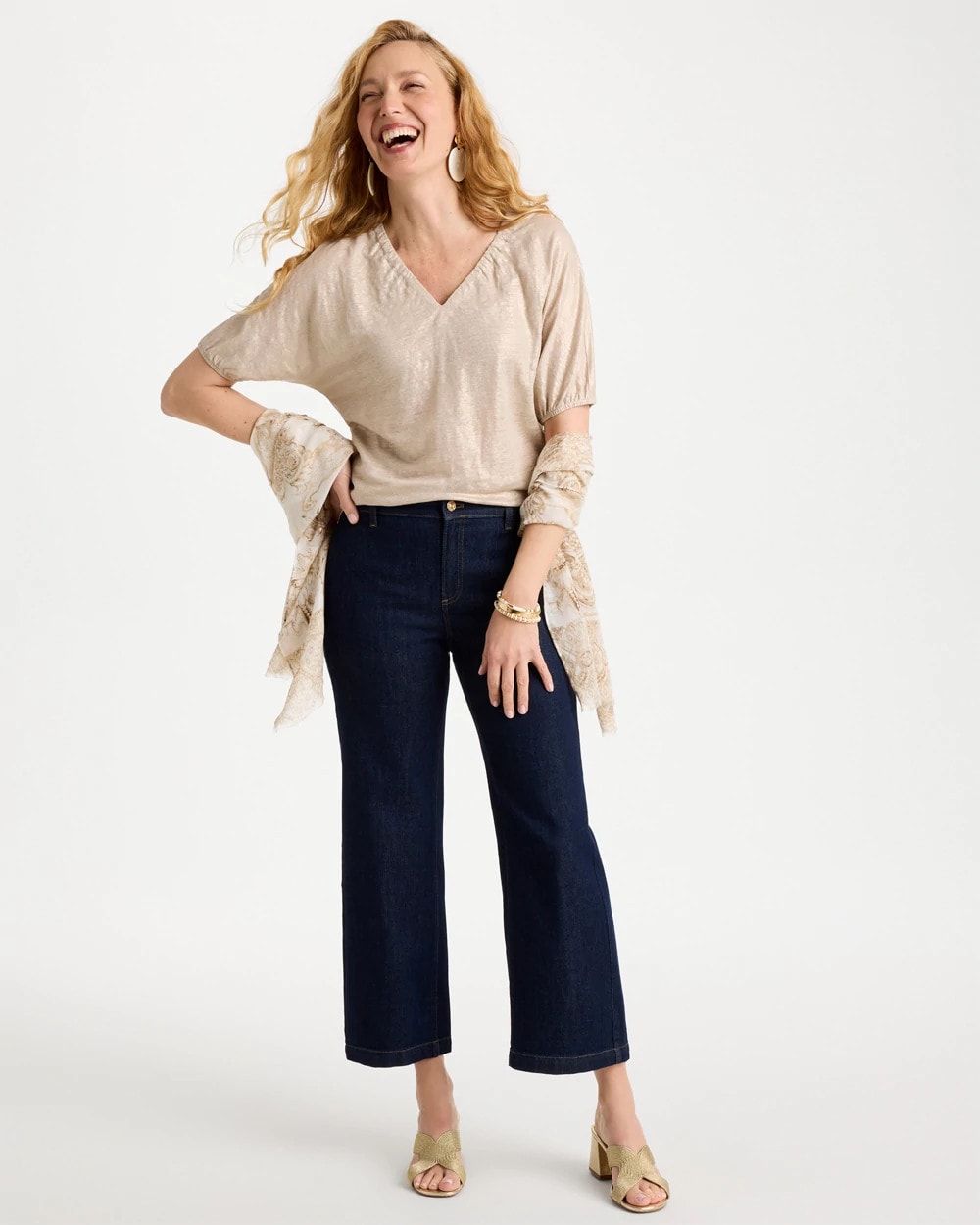 Chico's Hot Sale | Fog Foiled Linen Ruched V-Neck Tee