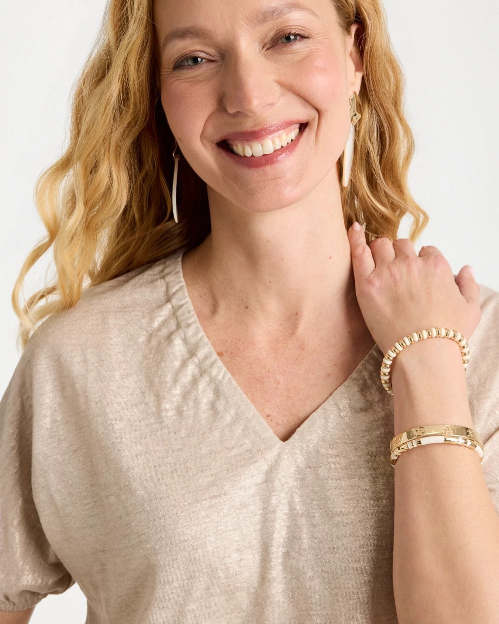 Chico's Hot Sale | Fog Foiled Linen Ruched V-Neck Tee