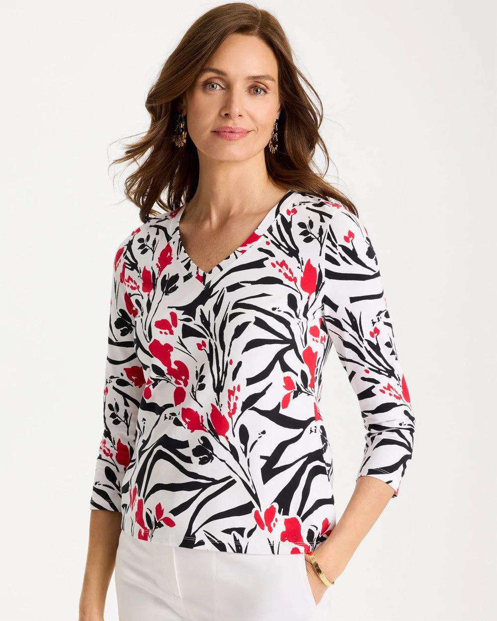 Chico's Popular | Cotton Stretch 3/4 Sleeve Floral Tee