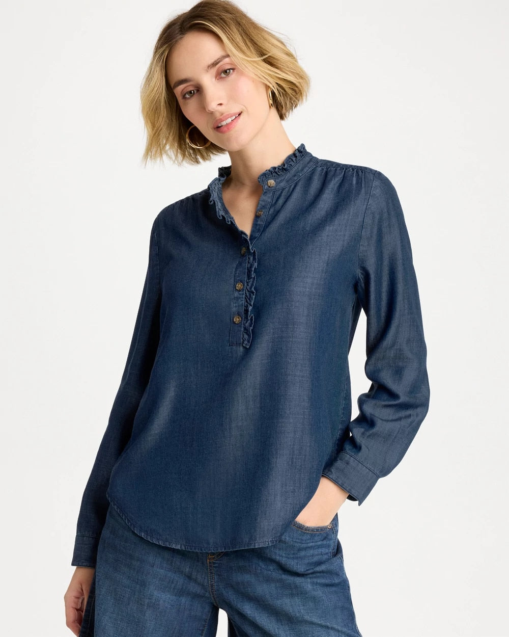 Chico's Discount | Tencel Denim Ruffled Popover Shirt