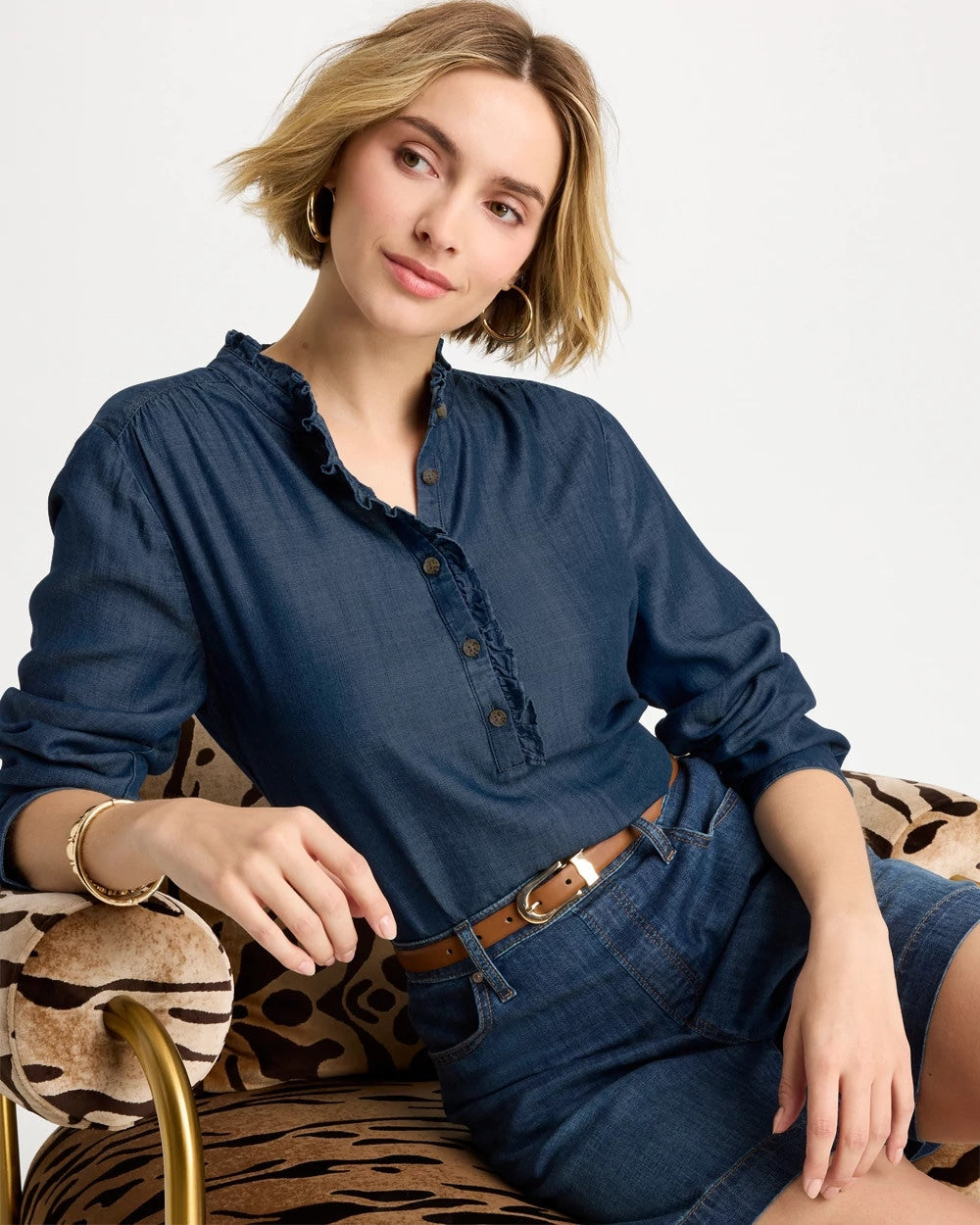 Chico's Discount | Tencel Denim Ruffled Popover Shirt