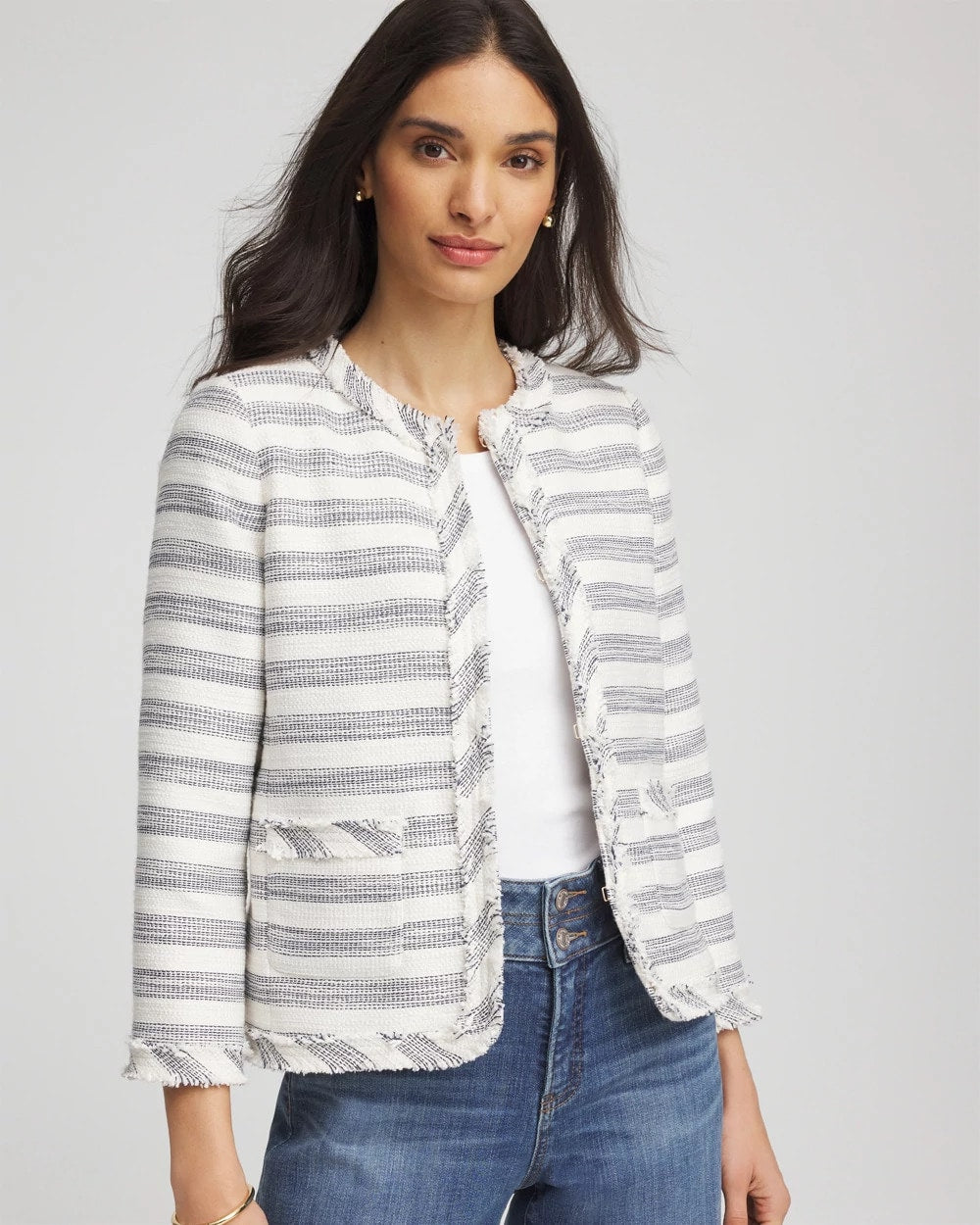 Chico's Signature | Striped Tweed Collarless Box Jacket