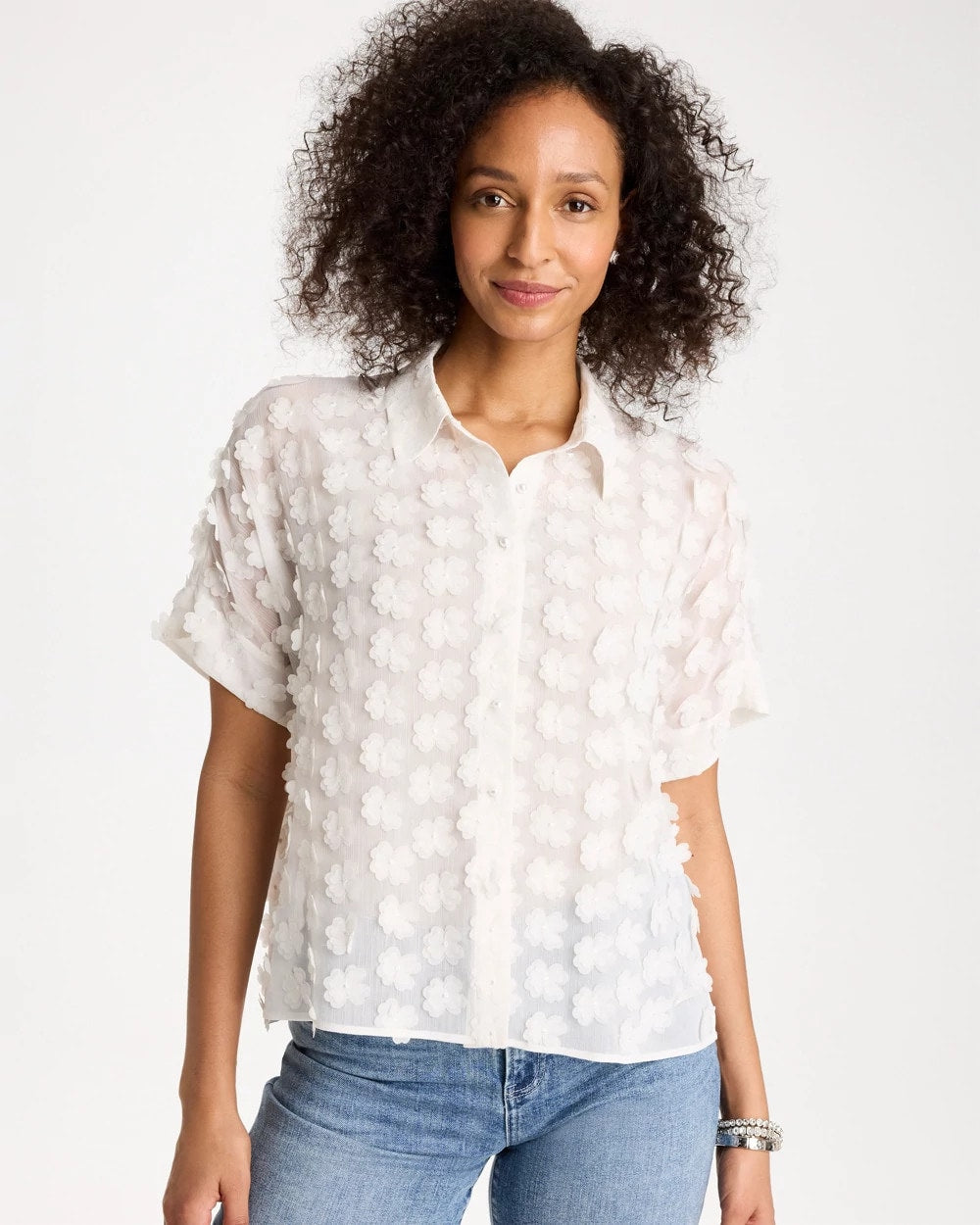 Chico's New | 3D Floral Chiffon Camp Shirt