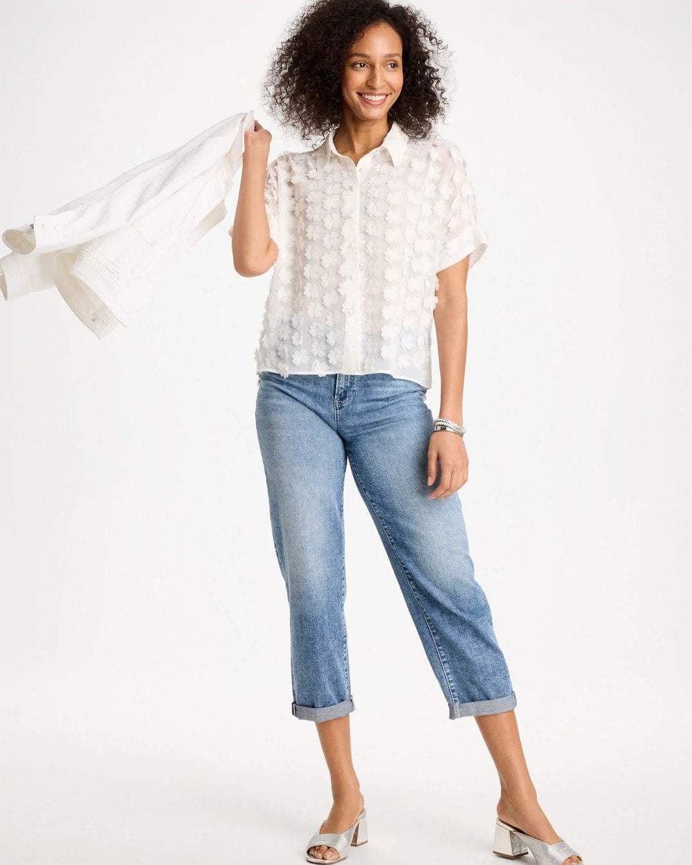 Chico's New | 3D Floral Chiffon Camp Shirt