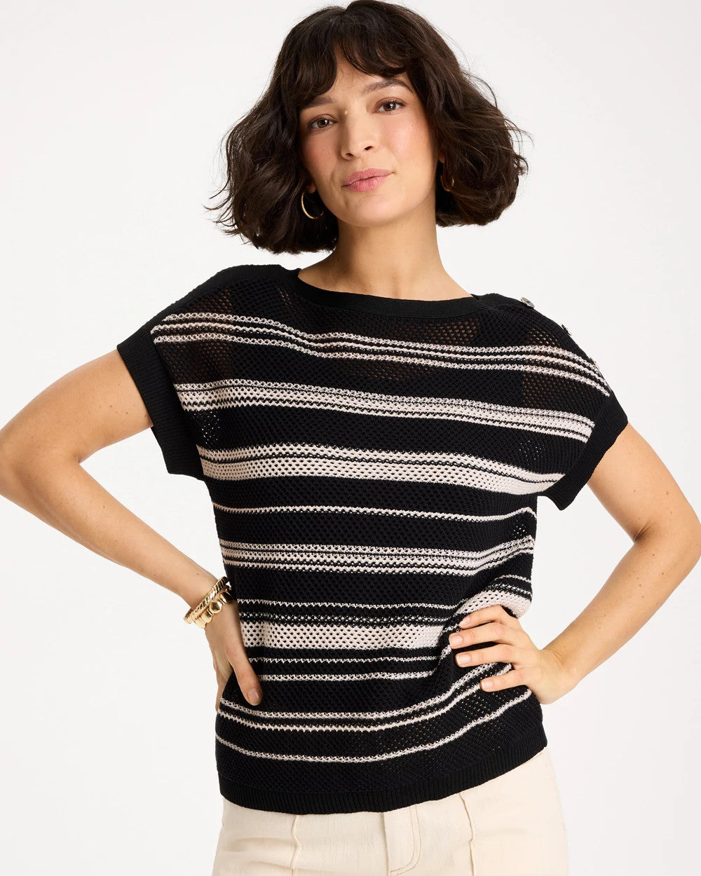 Chico's Best Price | Striped Mesh Stitch Pullover Sweater