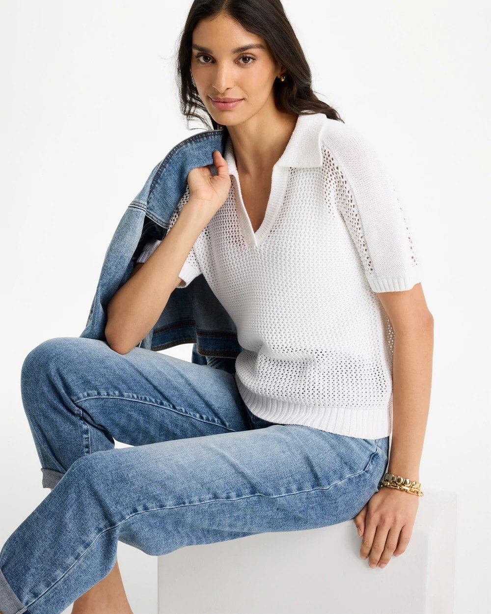 Chico's Classic | Sequin Pointelle Pullover Polo Sweater
