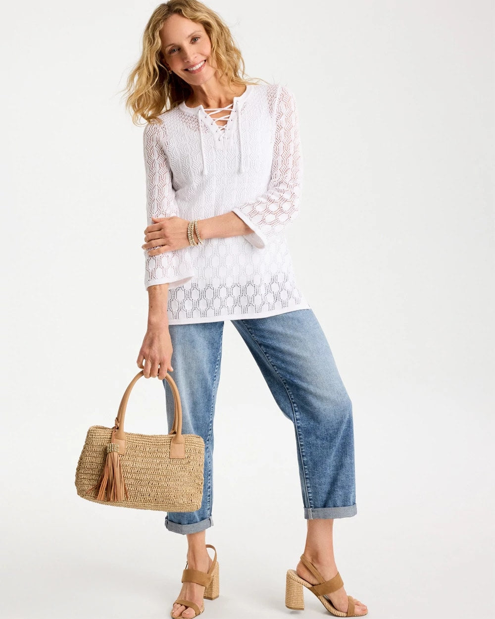 Chico's Value | Cotton-Linen Lace Notch-Neck Sweater