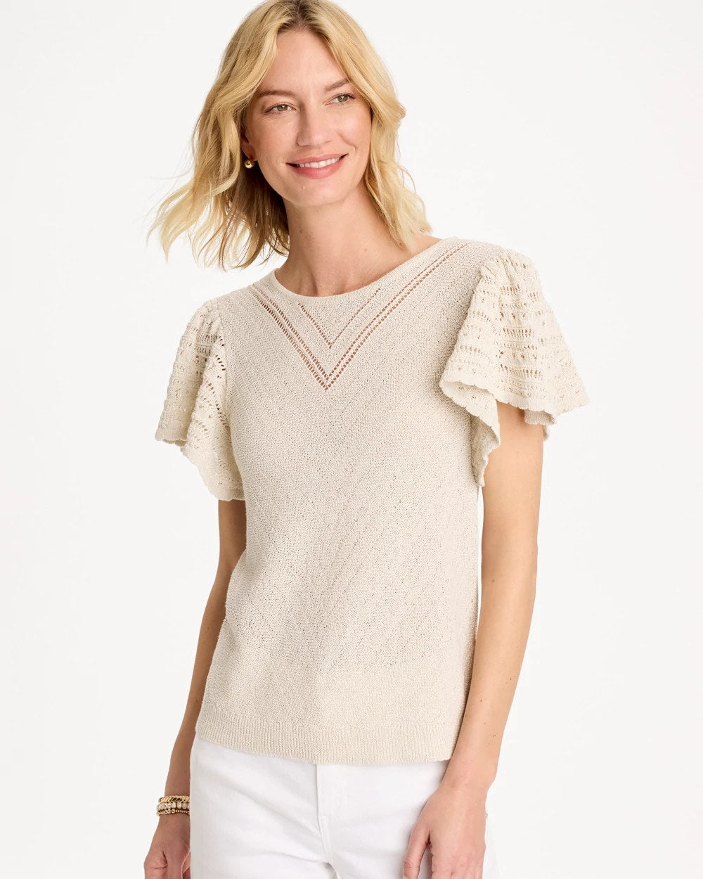 Chico's Popular | Pointelle Metallic Flutter-Sleeve Pullover