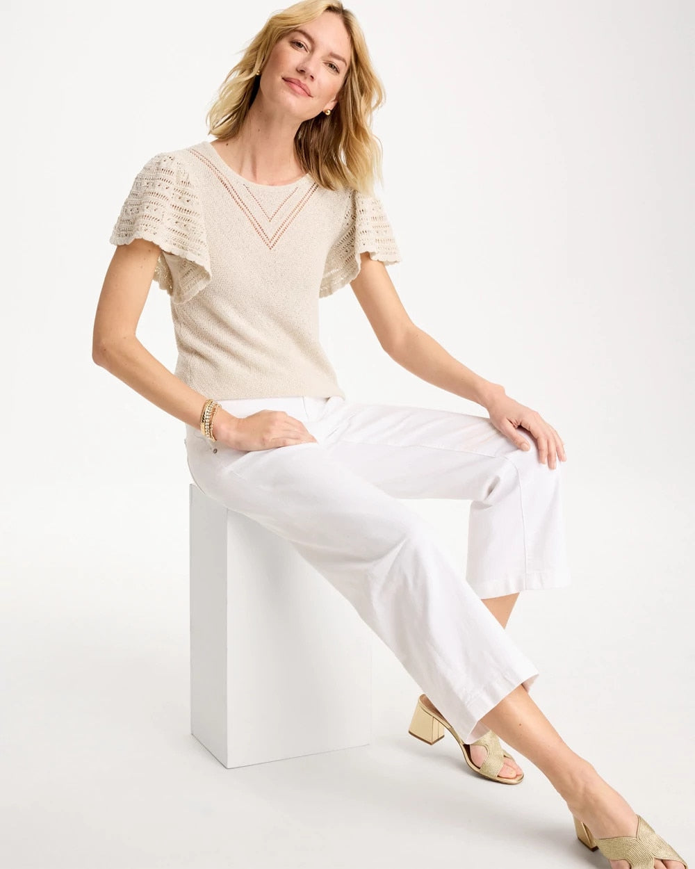 Chico's Popular | Pointelle Metallic Flutter-Sleeve Pullover