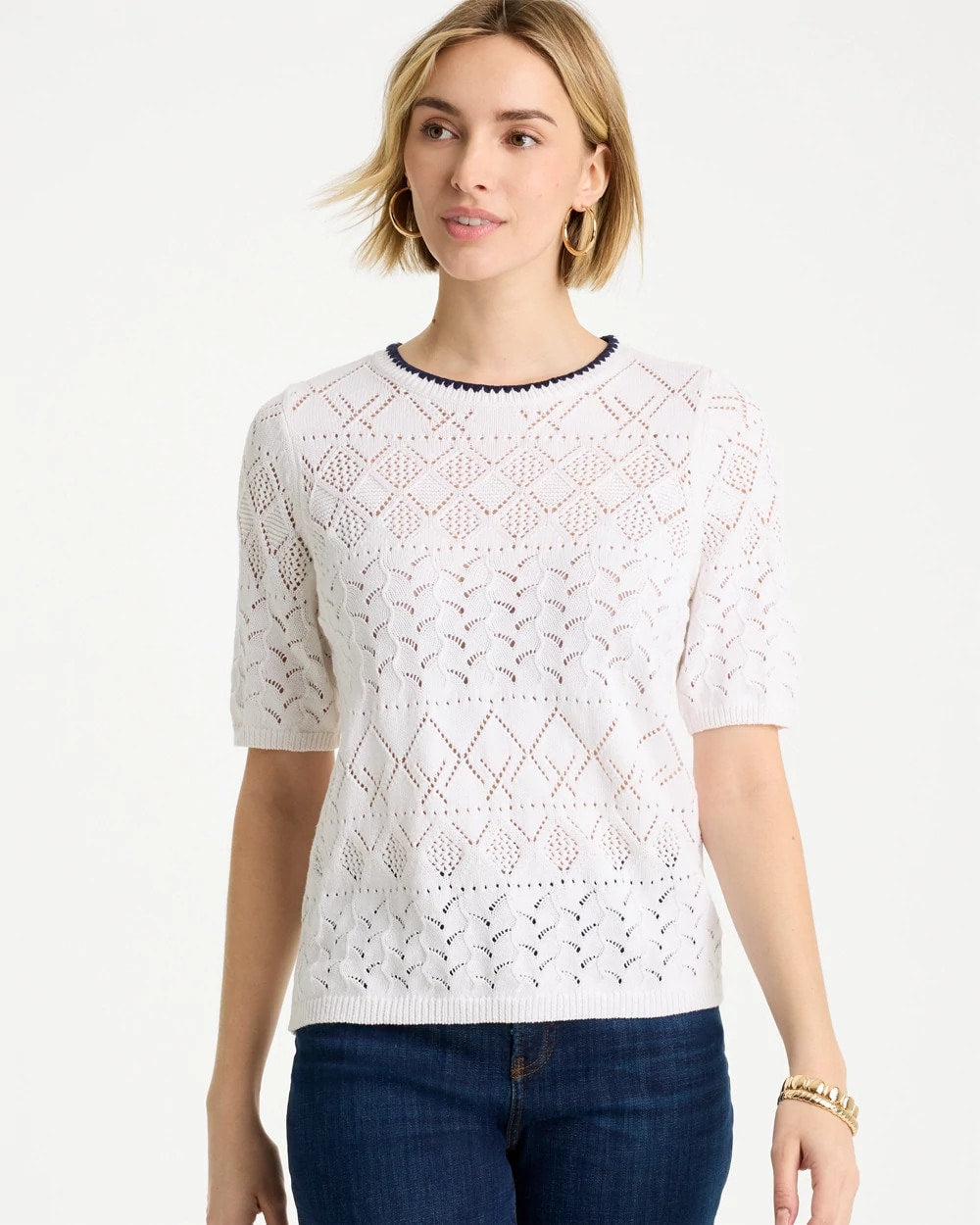 Chico's Signature | Pointelle Blanket-Stitch Pullover Sweater