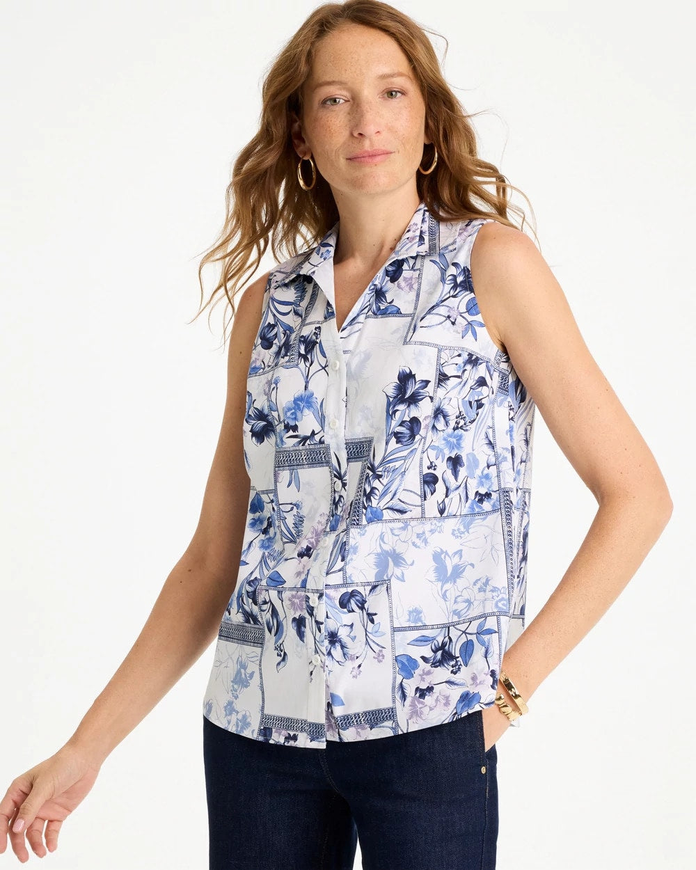 Chico's Best Price | Cotton-Blend Classic Printed Sleeveless Shirt