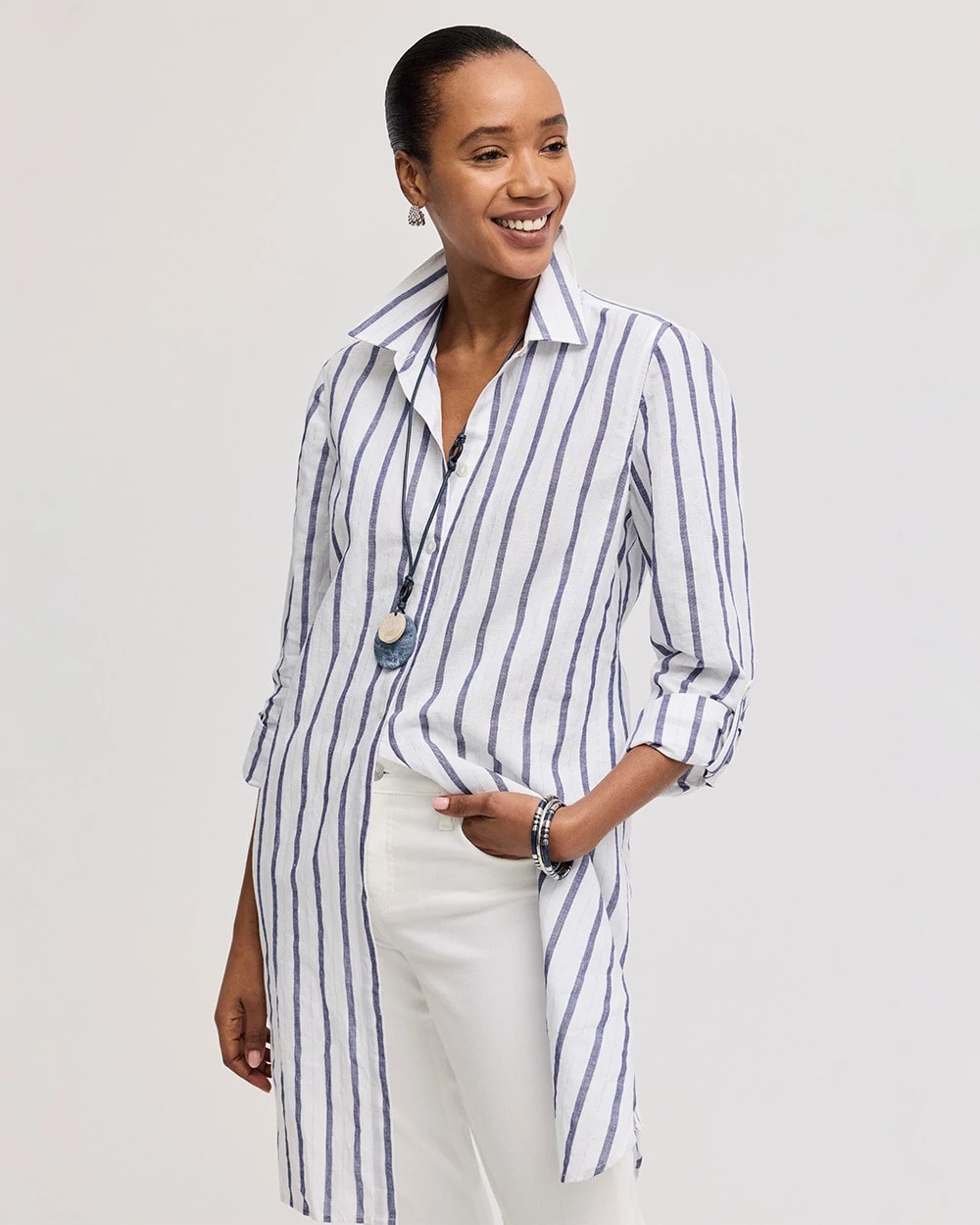 Chico's Special Offer | Linen Metallic Striped Duster Shirt