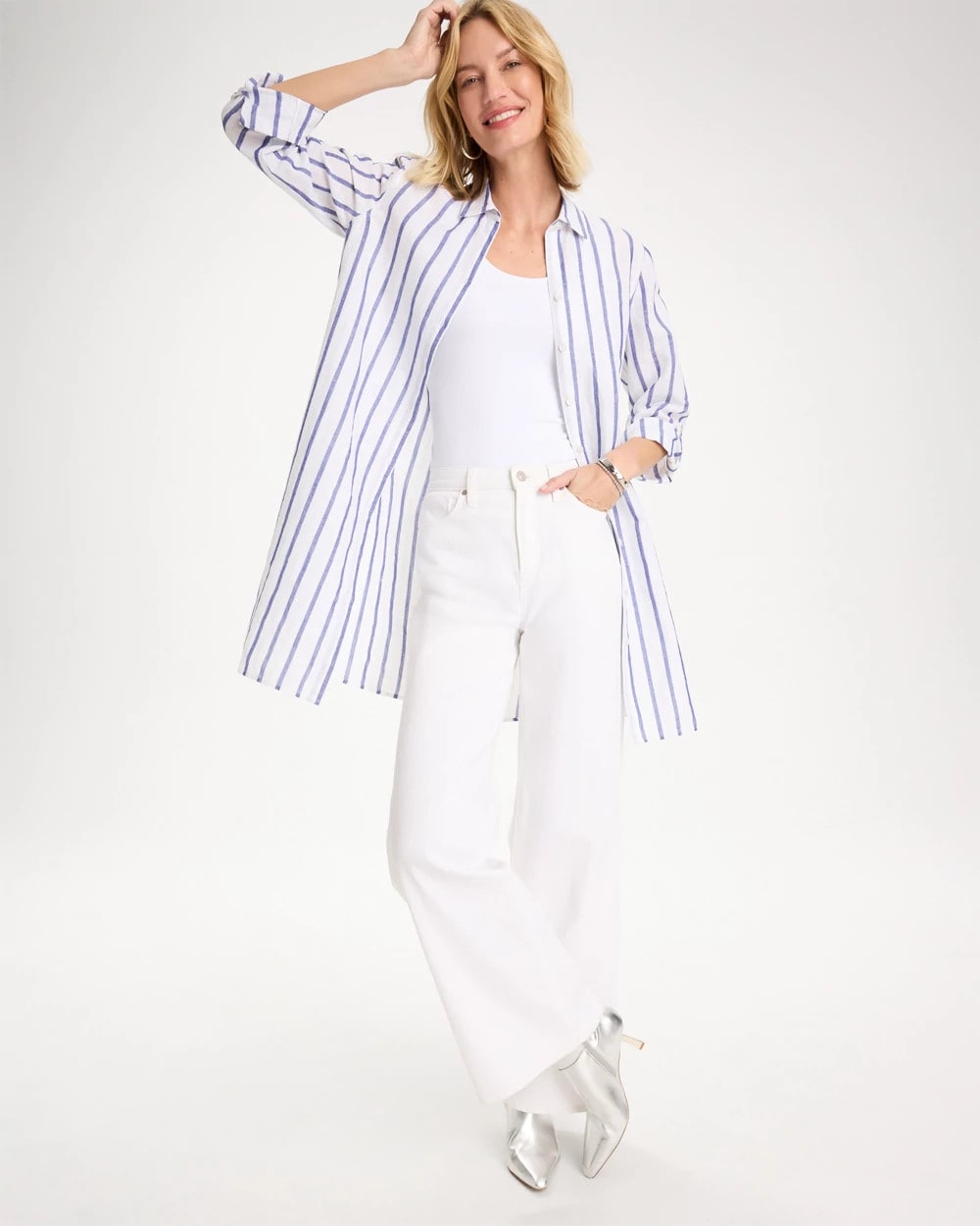 Chico's Special Offer | Linen Metallic Striped Duster Shirt