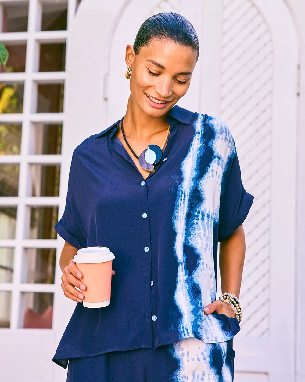 Chico's Classic | Faux Silk Henley Colorblock Top