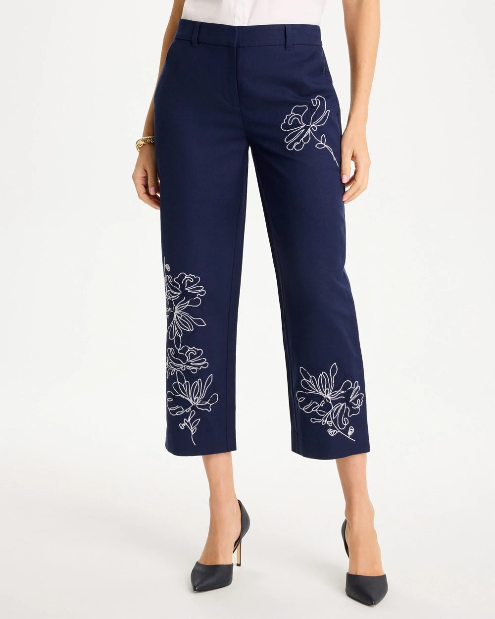Chico's Premium | Embroidered Linen Fly Front Pants