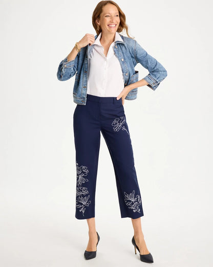 Chico's Premium | Embroidered Linen Fly Front Pants