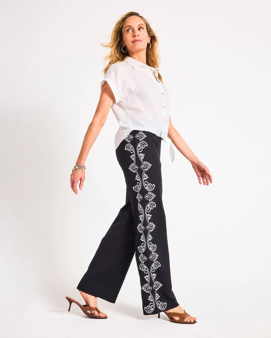 Chico's Smart Buy | Embroidered Pull-On Wide-Leg Linen Pants