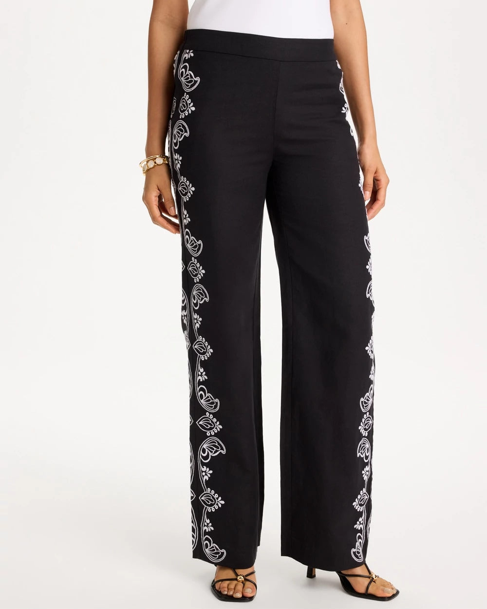 Chico's Smart Buy | Embroidered Pull-On Wide-Leg Linen Pants