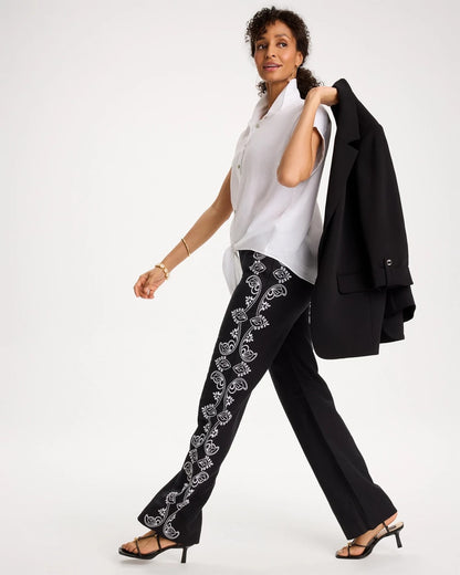 Chico's Smart Buy | Embroidered Pull-On Wide-Leg Linen Pants