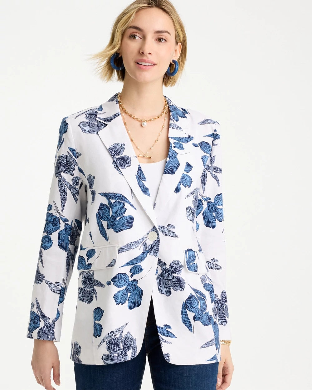 Chico's Value | Linen Printed Piped Boyfriend Blazer