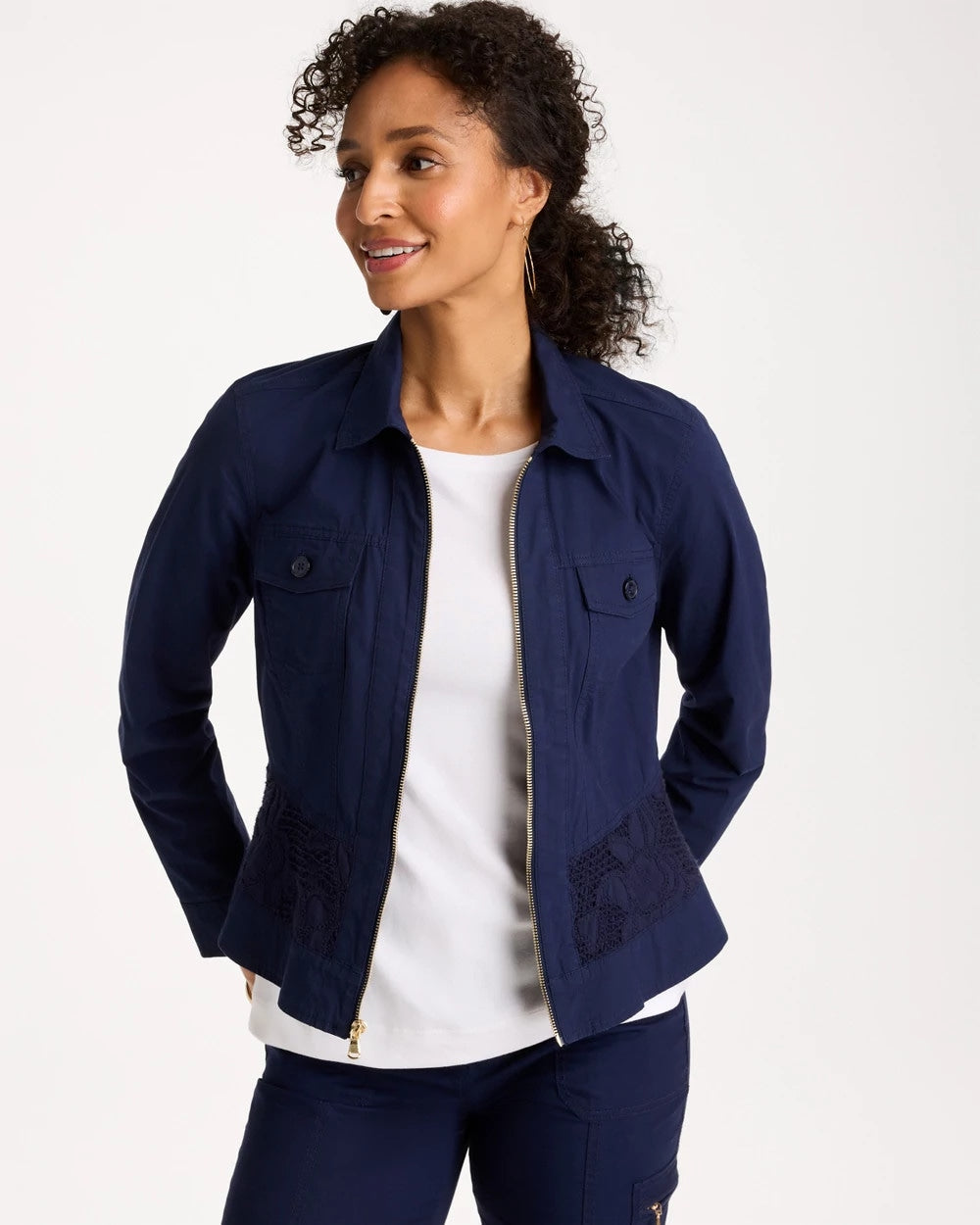 Chico's New | Poplin Cotton Lace Peplum Jacket