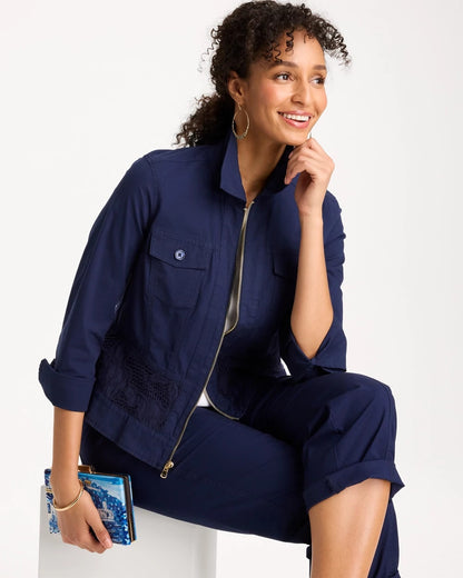 Chico's New | Poplin Cotton Lace Peplum Jacket