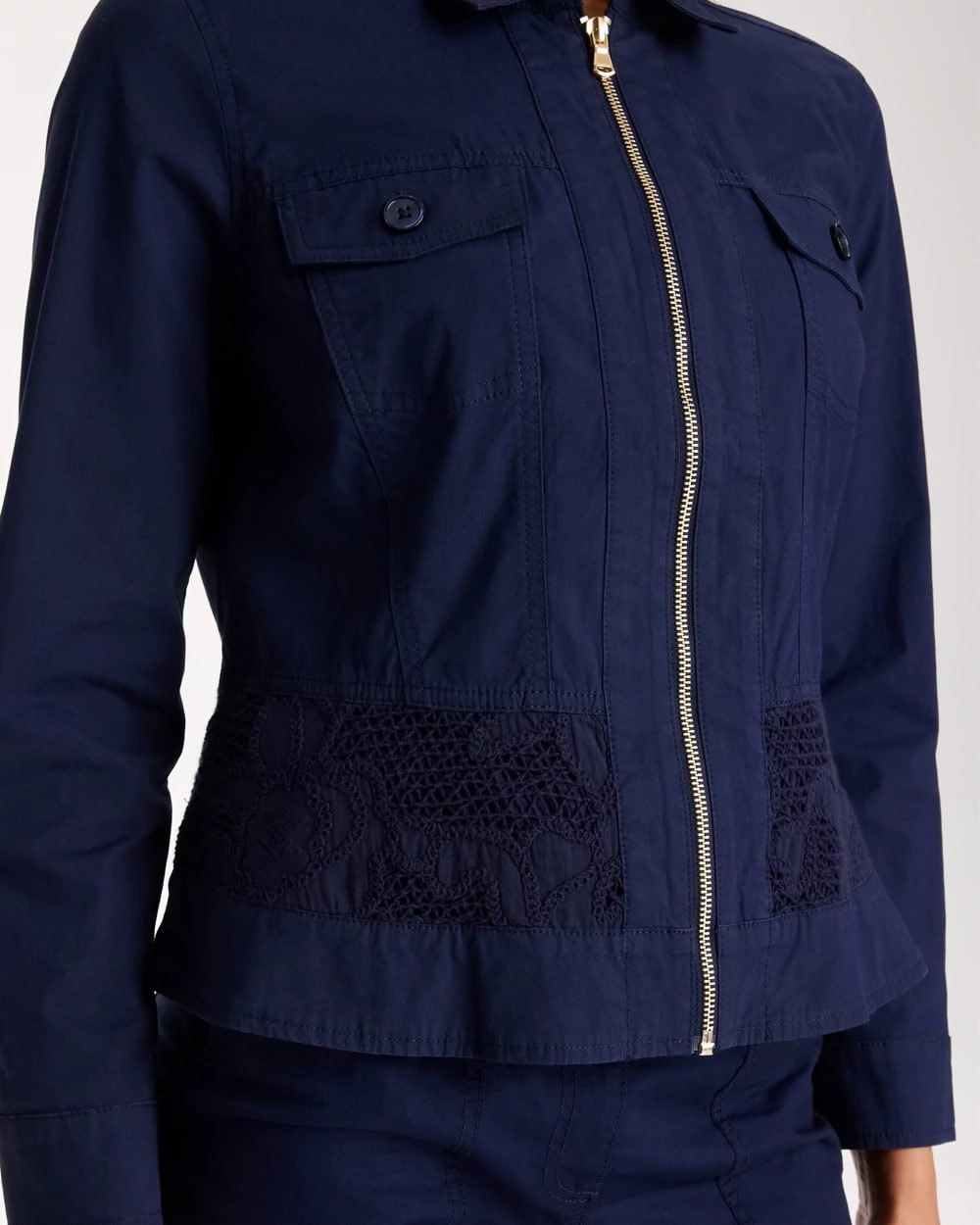 Chico's New | Poplin Cotton Lace Peplum Jacket