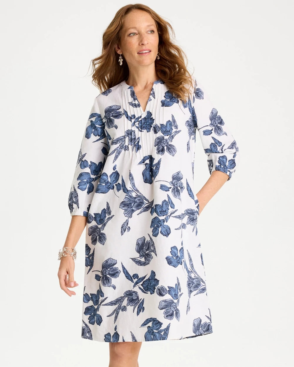 Chico's Exclusive | Floral Linen-Cotton Pintuck Dress