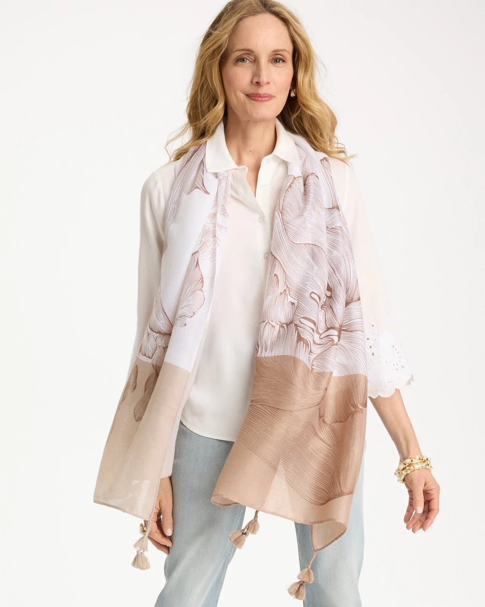 Chico's Featured | Neutral Floral Tassel Oblong Scarf