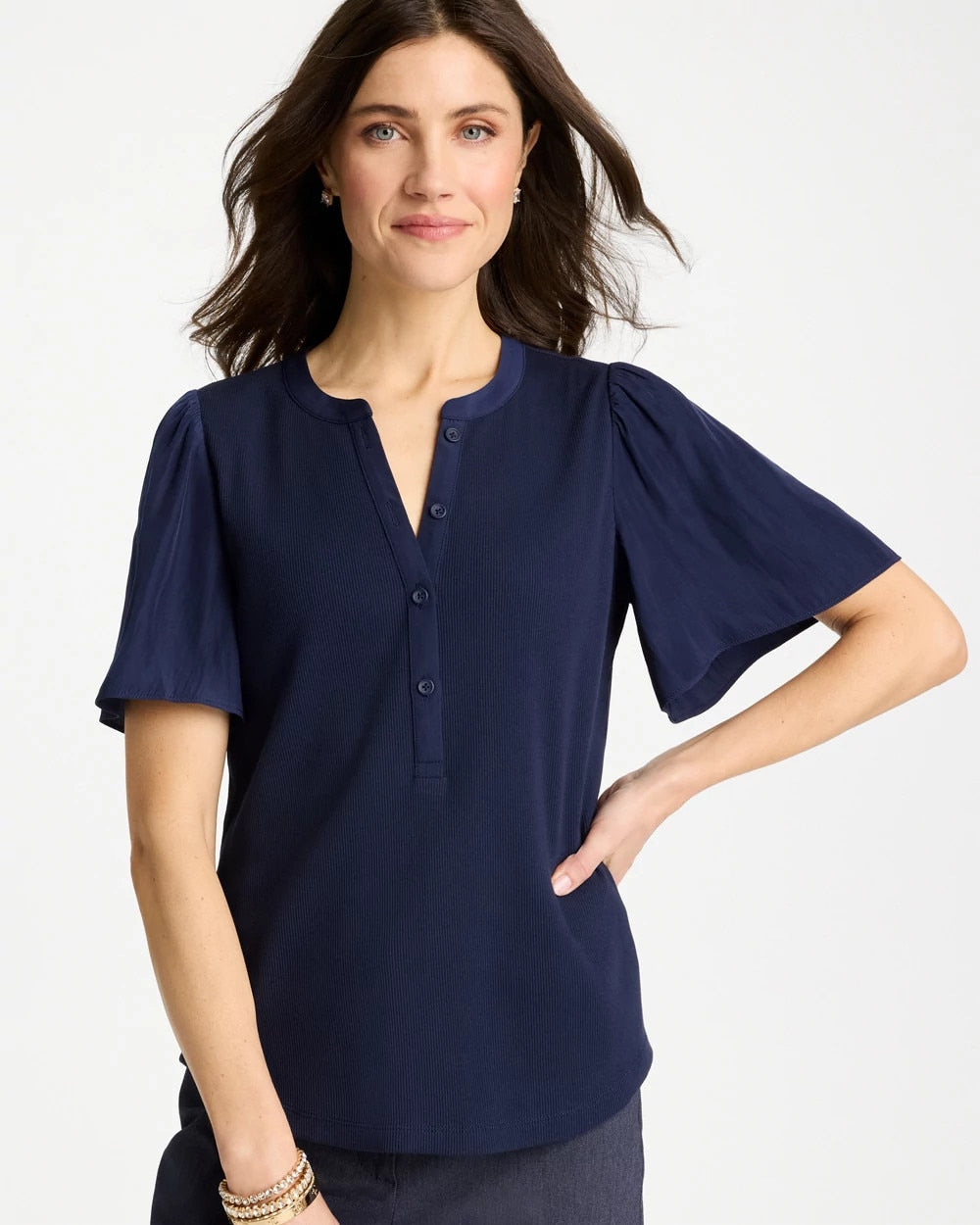 Chico's Discount | Rib Knit Woven Flutter Sleeve Tee