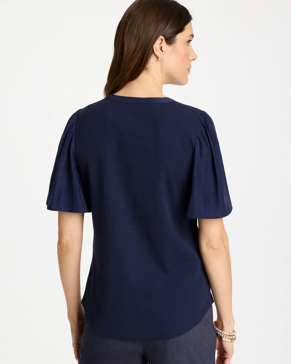 Chico's Discount | Rib Knit Woven Flutter Sleeve Tee