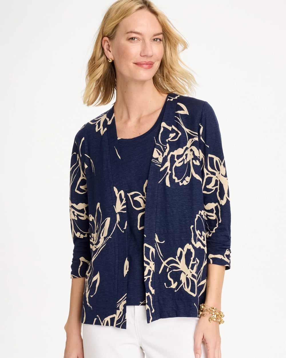 Chico's Discount | Floral Linen Open Front Cardigan