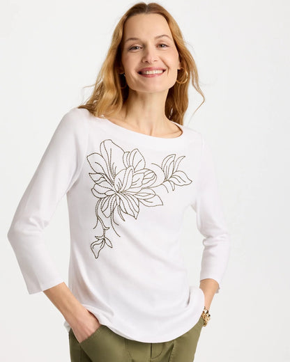 Chico's Exclusive | Embroidered Pima 3/4 Sleeve Tee