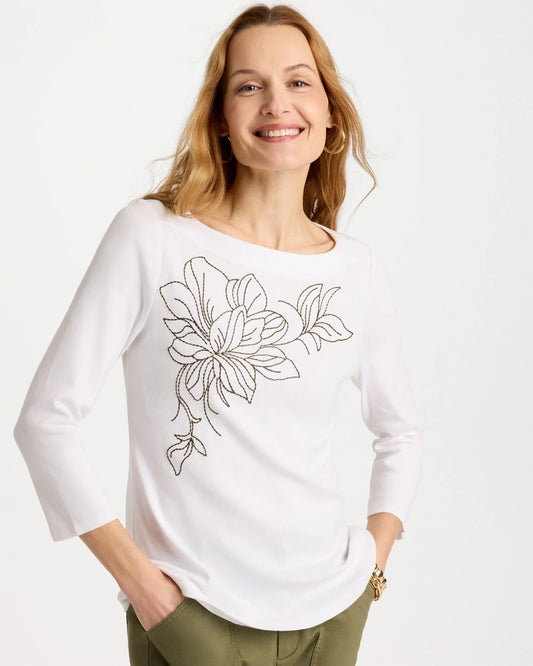Chico's Exclusive | Embroidered Pima 3/4 Sleeve Tee
