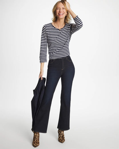 Chico's Discount | Striped Cotton Slub 3/4 Sleeve Button Tee