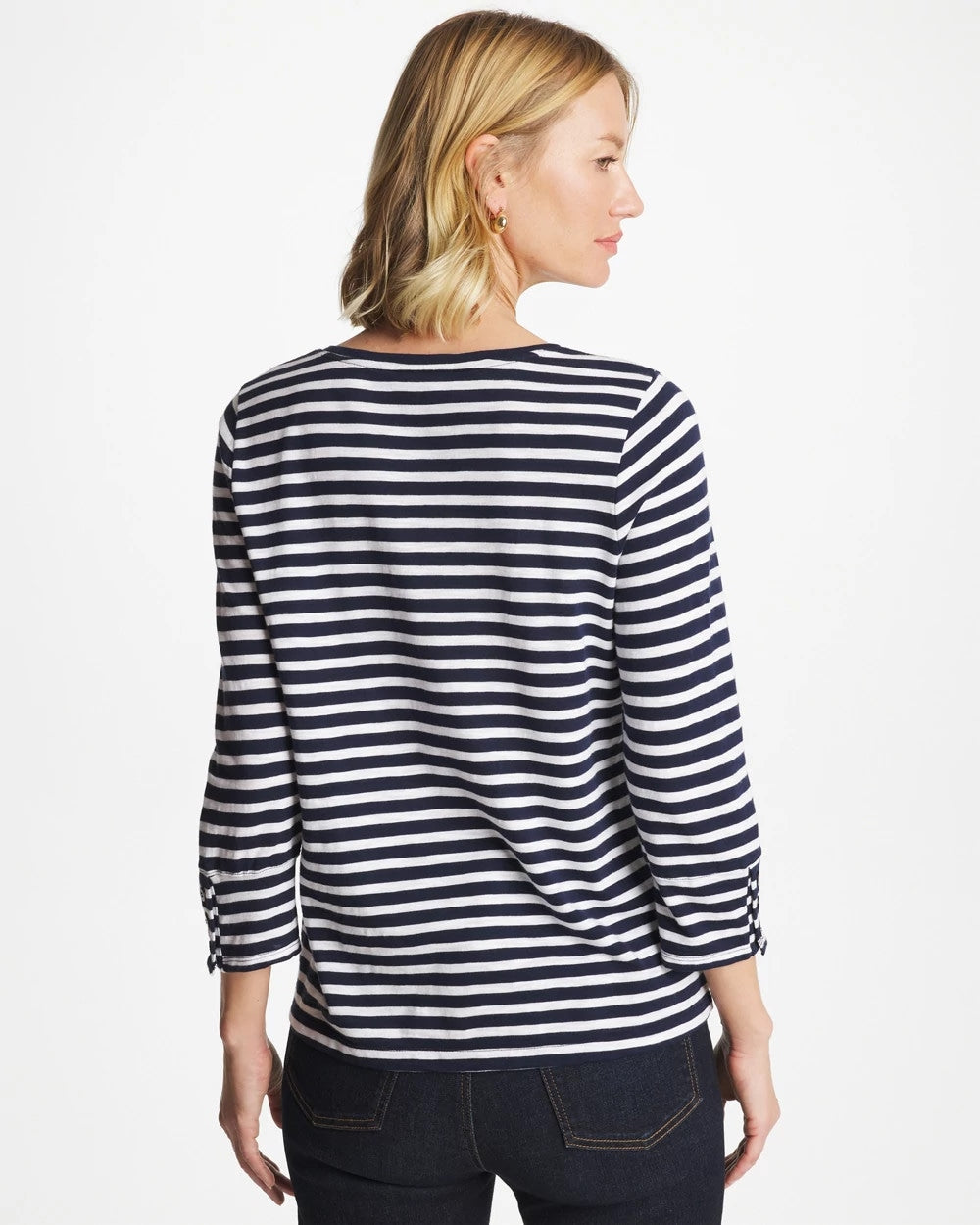 Chico's Discount | Striped Cotton Slub 3/4 Sleeve Button Tee