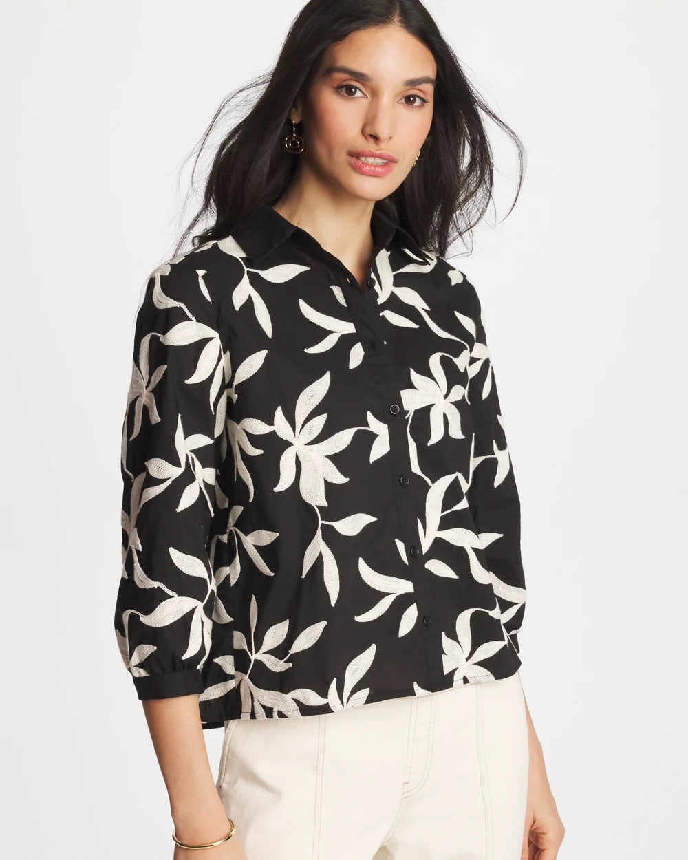 Chico's New | Embroidered Cropped Collared Shirt