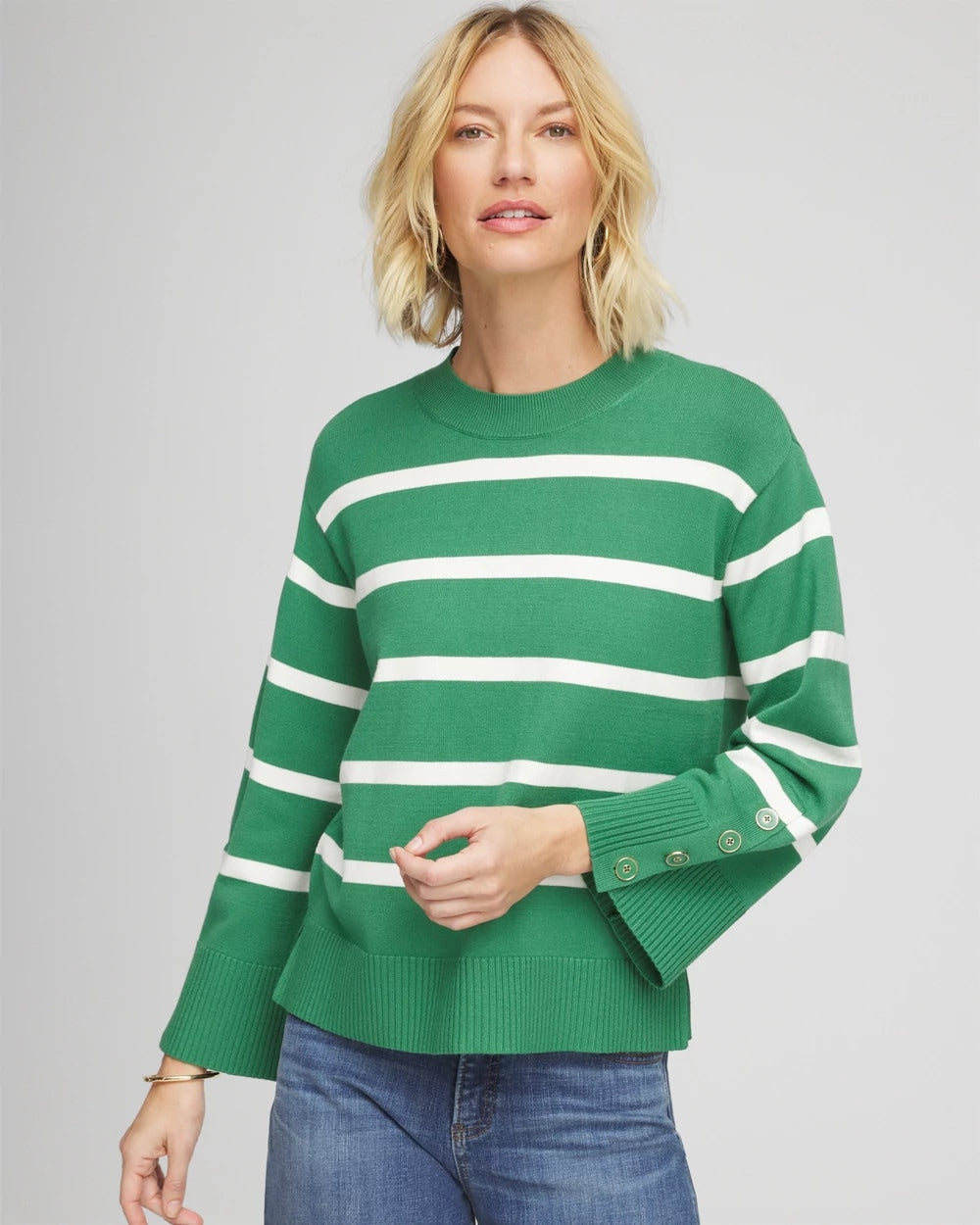 Chico's Signature | Striped Button Sleeve Crewneck Pullover Sweater