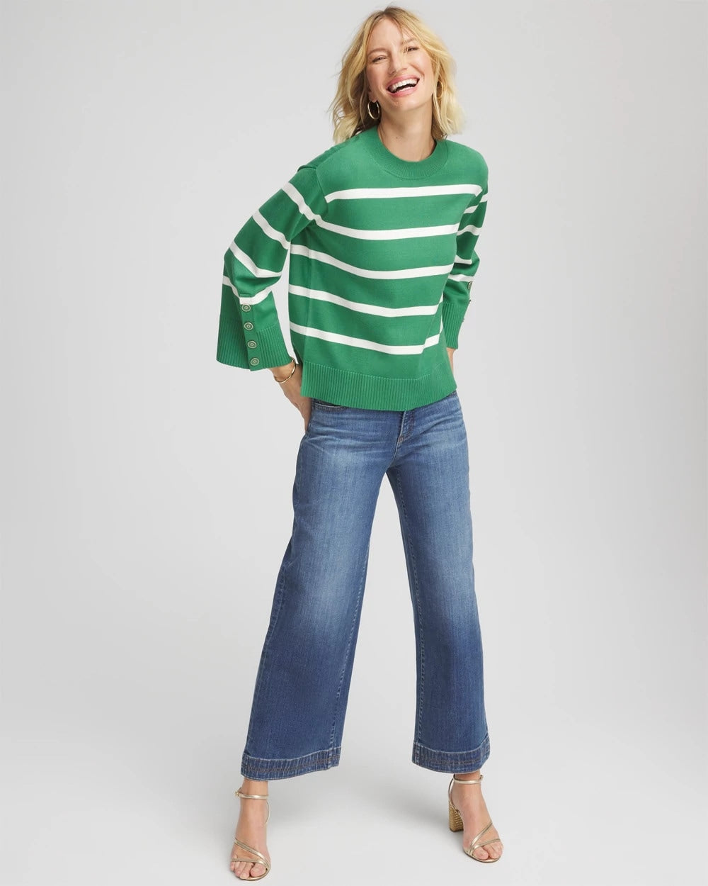 Chico's Signature | Striped Button Sleeve Crewneck Pullover Sweater